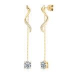 Hosszú 14K aranyozott lógós ezüst fülbevaló - 2 karátos Moissanite gyémánt kövekkel