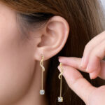 Hosszú 14K aranyozott lógós ezüst fülbevaló - 2 karátos Moissanite gyémánt kövekkel - Image 5