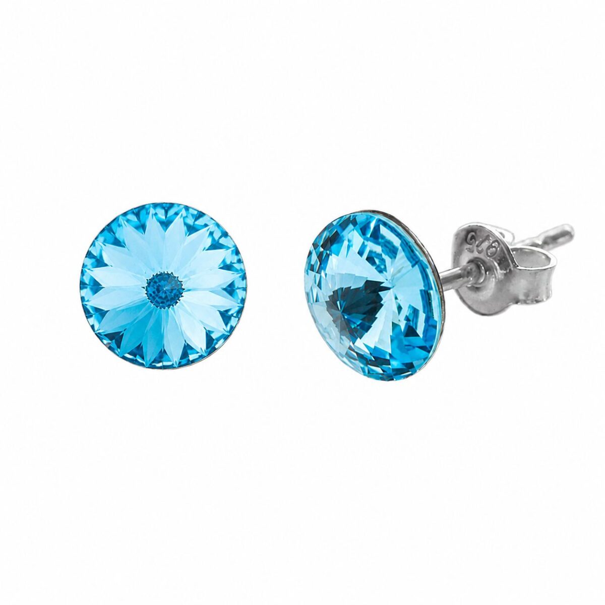 Ezüst fülbevaló 8 mm swarovski kristállyal díszítve - Rivoli, kék, női bedugós, ródiumozott - EkszerWebshop.hu - Aquamarine