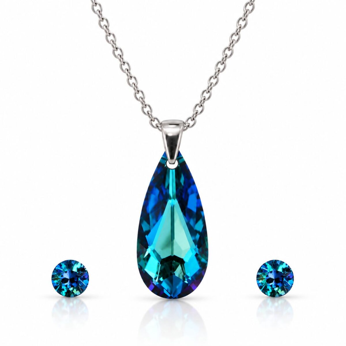 Ezüst ékszerszett - Csepp swarovski kristályos (2.4 cm medál, 0.6 cm fülbevaló) - Kék Ezüst ékszerszett - Csepp swarovski kristályos (2.4 cm medál, 0.6 cm fülbevaló) - Kék