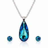 Ezüst ékszerszett - Csepp swarovski kristályos (2.4 cm medál, 0.6 cm fülbevaló) - Kék