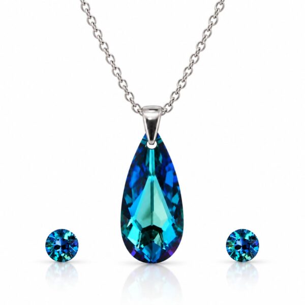Ezüst ékszerszett - Csepp swarovski kristályos (2.4 cm medál, 0.6 cm fülbevaló) - Kék