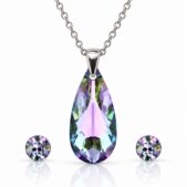 Ezüst ékszerszett - Csepp swarovski kristályos (2.4 cm medál, 0.6 cm fülbevaló) - Lila