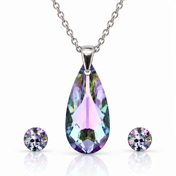 Ezüst ékszerszett - Csepp swarovski kristályos (2.4 cm medál, 0.6 cm fülbevaló) - Lila
