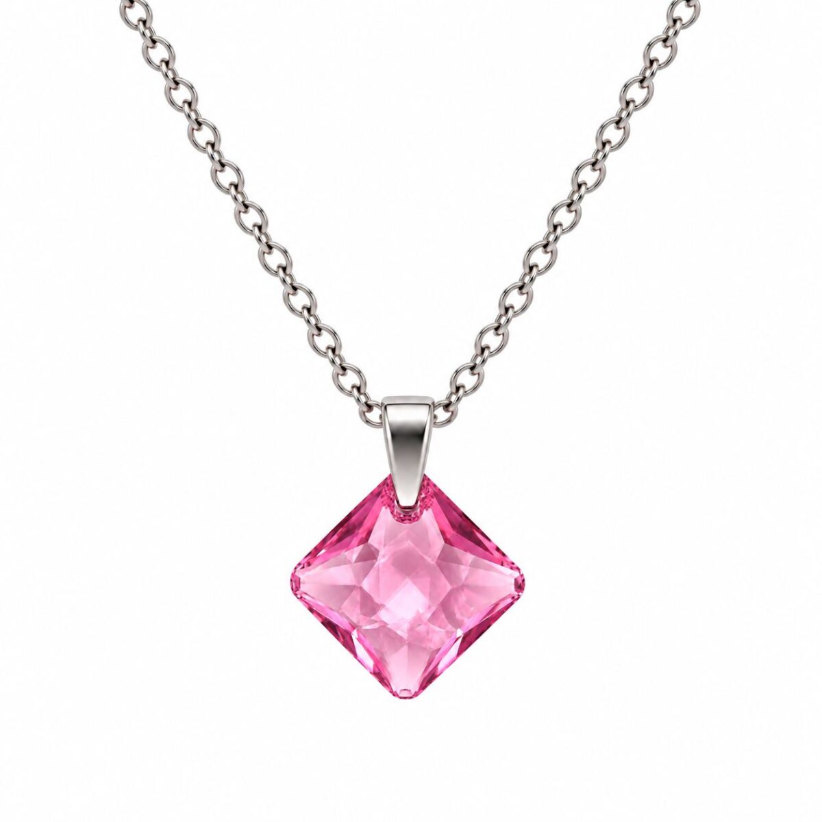 Ezüst nyaklánc - Szögletes swarovski kristály medállal (1.6 cm) - Rózsaszín