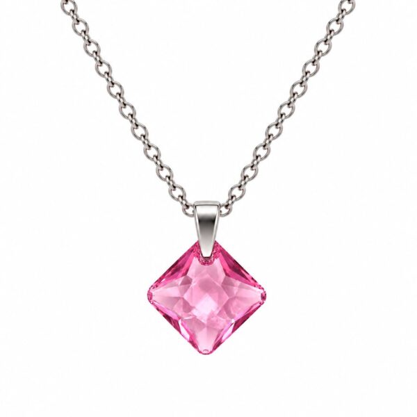 Ezüst nyaklánc - Szögletes swarovski kristály medállal (1.6 cm) - Rózsaszín