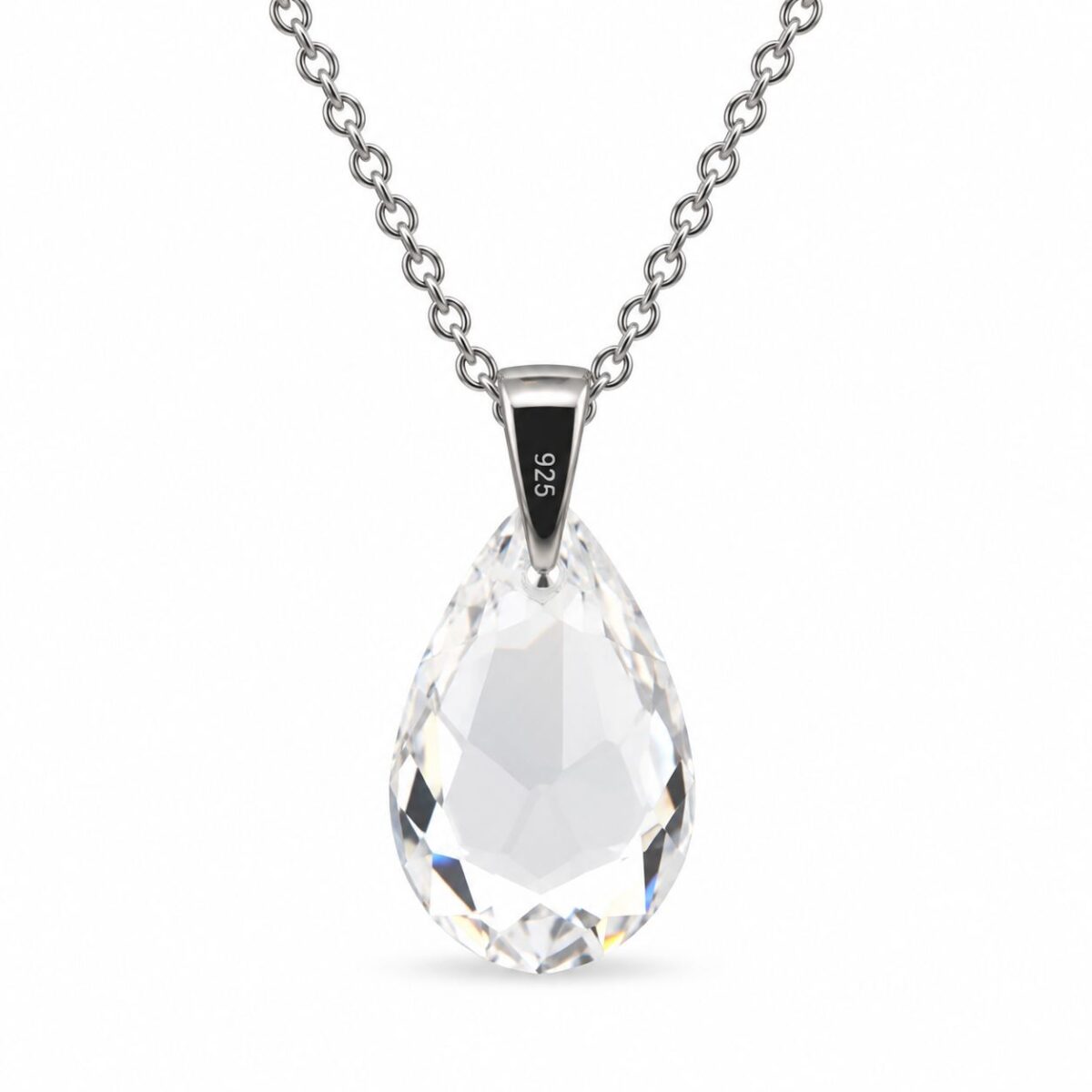 Ezüst nyaklánc - Csepp swarovski kristály medállal (1.6 cm) - Átlátszó, fehér