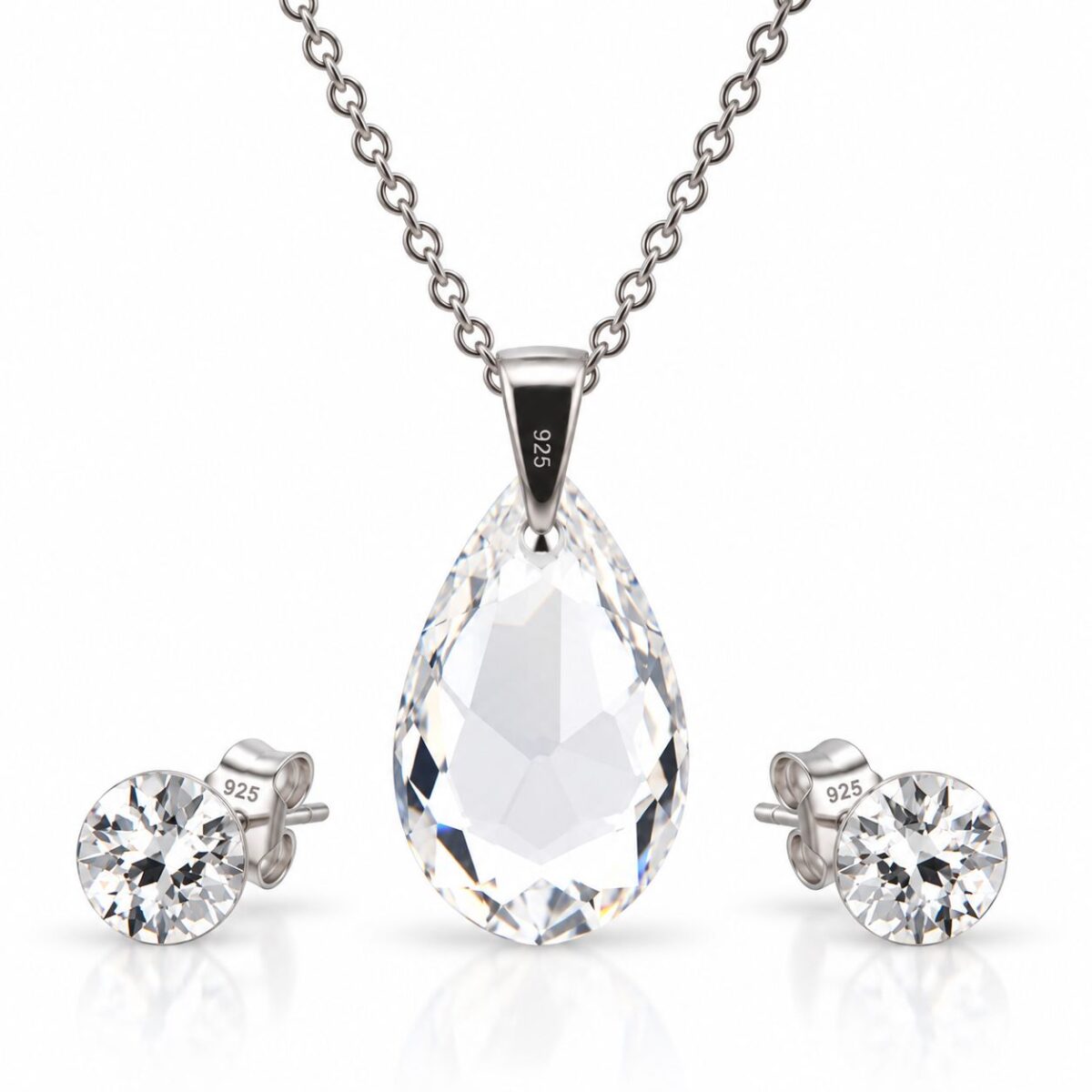 Ezüst ékszerszett - Csepp swarovski kristályos (1.6 cm medál, 0.6 cm fülbevaló) - Átlátszó